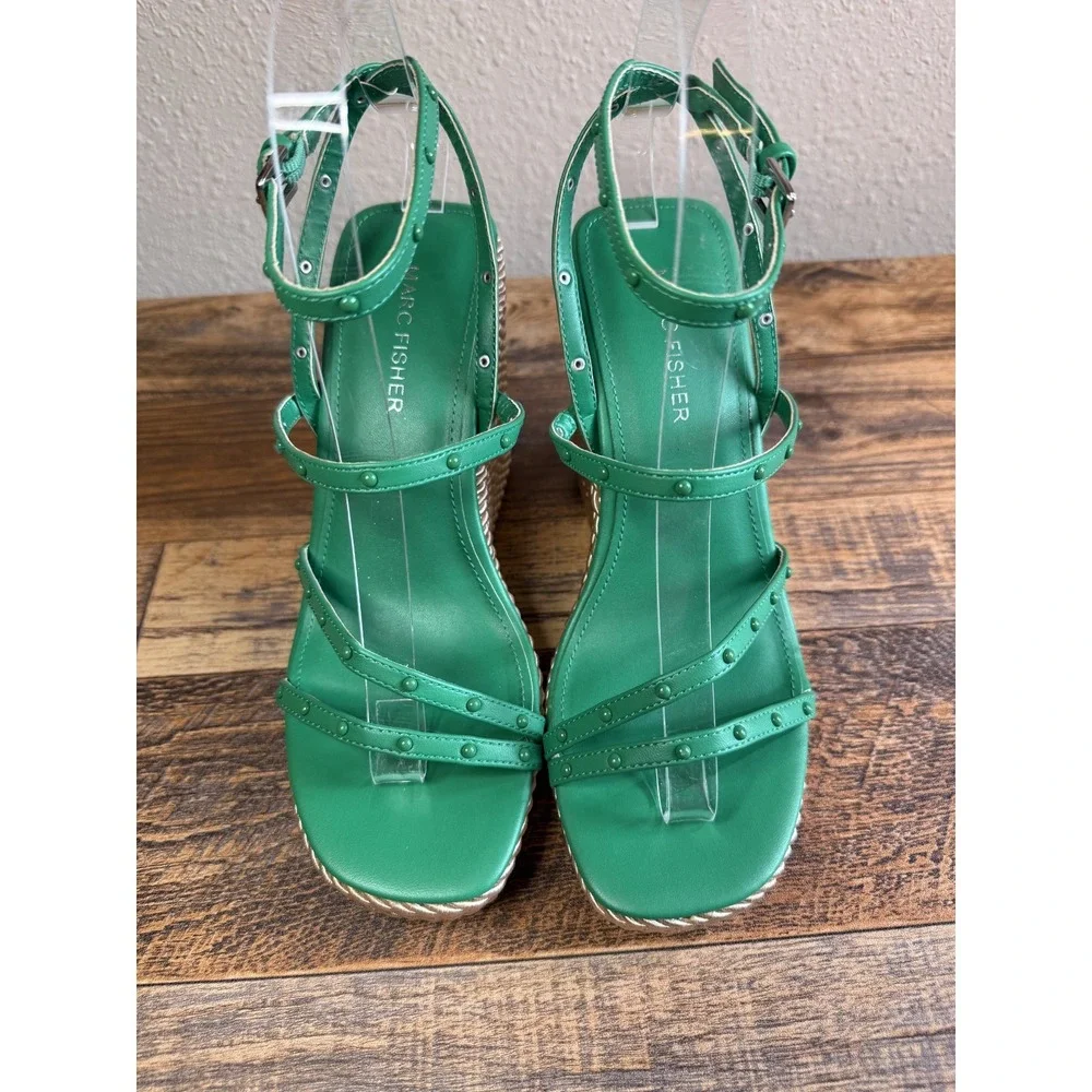 Marc Fisher Size 7 Kelly Green Zeki Espadrille Wedge Sandal Coastal Boho Resort